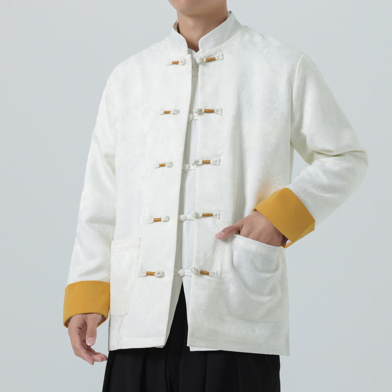 Buddha Stones Jacquard Frog-Button Long Sleeve Men's Cotton Jacket Tang Suit With Pockets