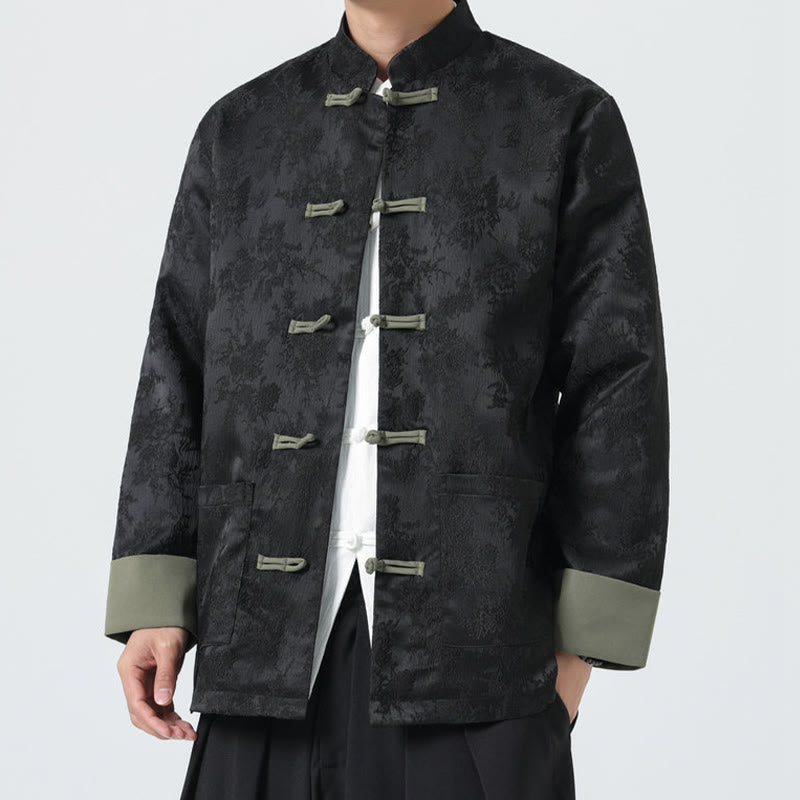 Buddha Stones Jacquard Frog-Button Long Sleeve Men's Cotton Jacket Tang Suit With Pockets