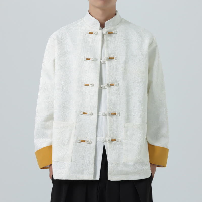 Buddha Stones Jacquard Frog-Button Long Sleeve Men's Cotton Jacket Tang Suit With Pockets