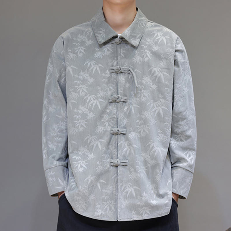 Buddha Stones Jacquard Leaves Pattern Frog-Button Long Sleeve Men's Cotton Tang Suit Jacket