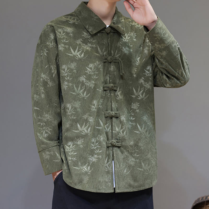 Buddha Stones Jacquard Leaves Pattern Frog-Button Long Sleeve Men's Cotton Tang Suit Jacket