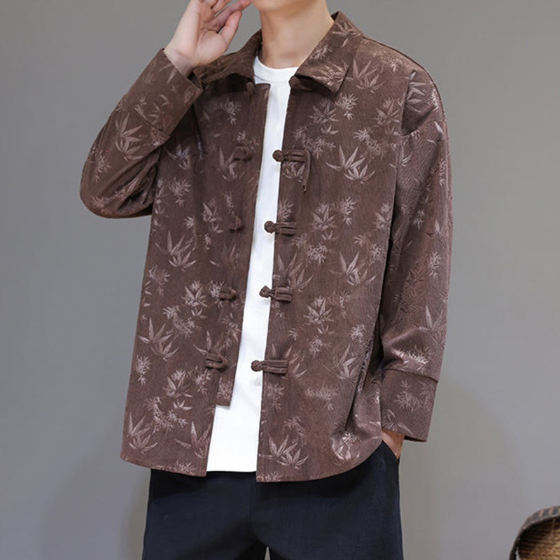 Buddha Stones Jacquard Leaves Pattern Frog-Button Long Sleeve Men's Cotton Tang Suit Jacket