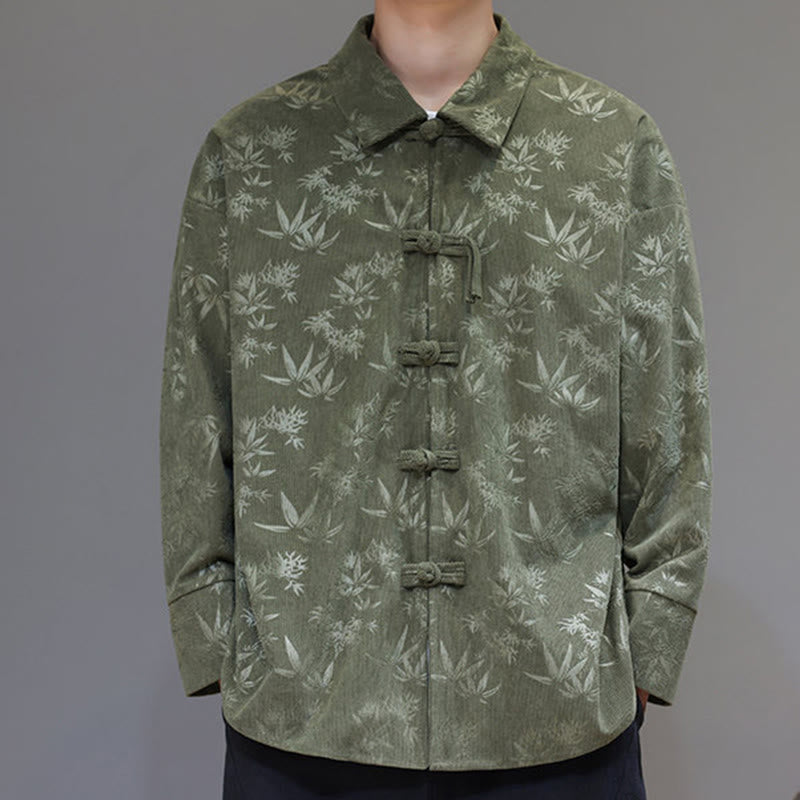 Buddha Stones Jacquard Leaves Pattern Frog-Button Long Sleeve Men's Cotton Tang Suit Jacket