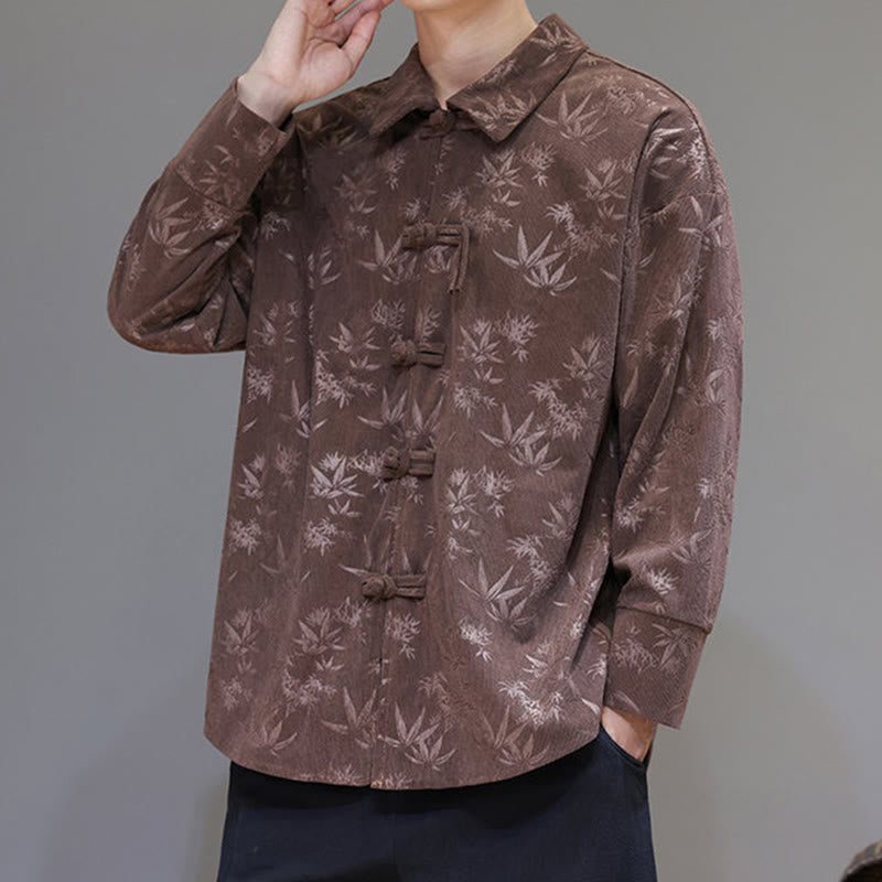 Buddha Stones Jacquard Leaves Pattern Frog-Button Long Sleeve Men's Cotton Tang Suit Jacket