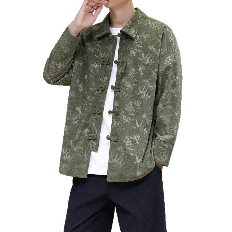 Buddha Stones Jacquard Leaves Pattern Frog-Button Long Sleeve Men's Cotton Tang Suit Jacket