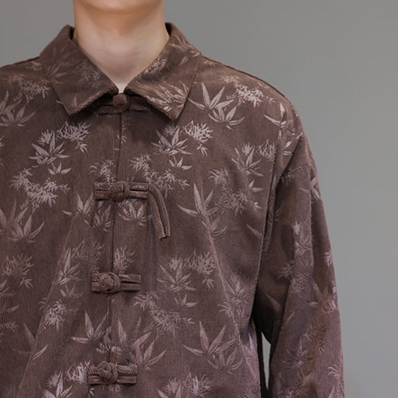 Buddha Stones Jacquard Leaves Pattern Frog-Button Long Sleeve Men's Cotton Tang Suit Jacket