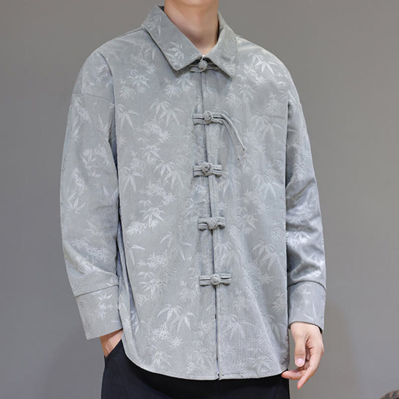 Buddha Stones Jacquard Leaves Pattern Frog-Button Long Sleeve Men's Cotton Tang Suit Jacket
