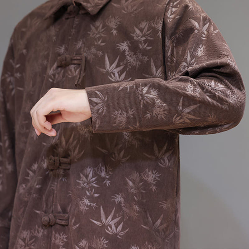 Buddha Stones Jacquard Leaves Pattern Frog-Button Long Sleeve Men's Cotton Tang Suit Jacket