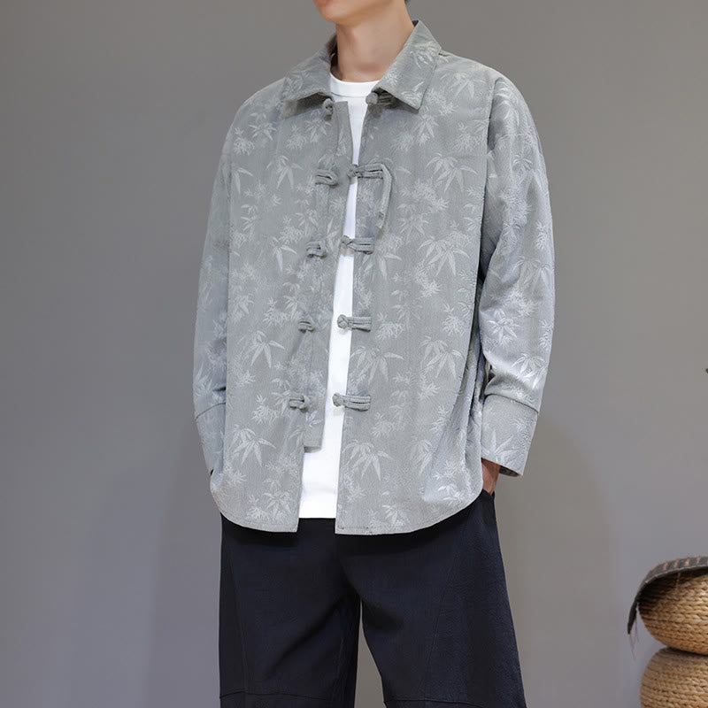 Buddha Stones Jacquard Leaves Pattern Frog-Button Long Sleeve Men's Cotton Tang Suit Jacket