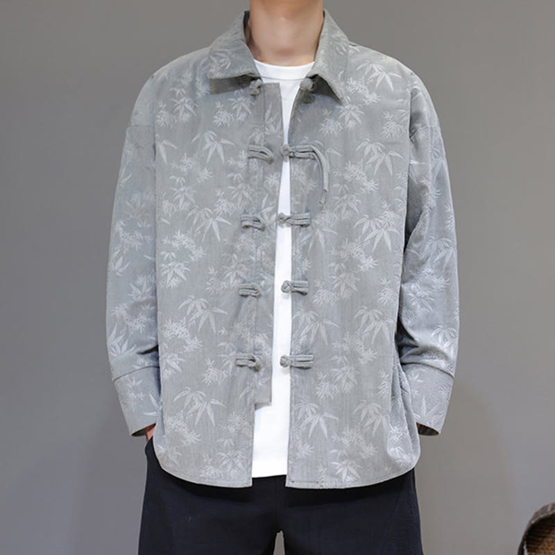 Buddha Stones Jacquard Leaves Pattern Frog-Button Long Sleeve Men's Cotton Tang Suit Jacket