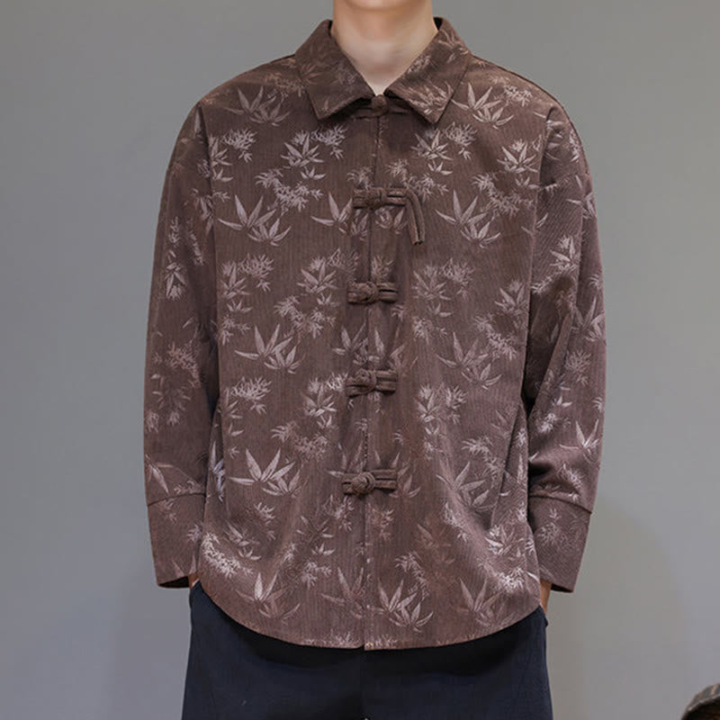 Buddha Stones Jacquard Leaves Pattern Frog-Button Long Sleeve Men's Cotton Tang Suit Jacket