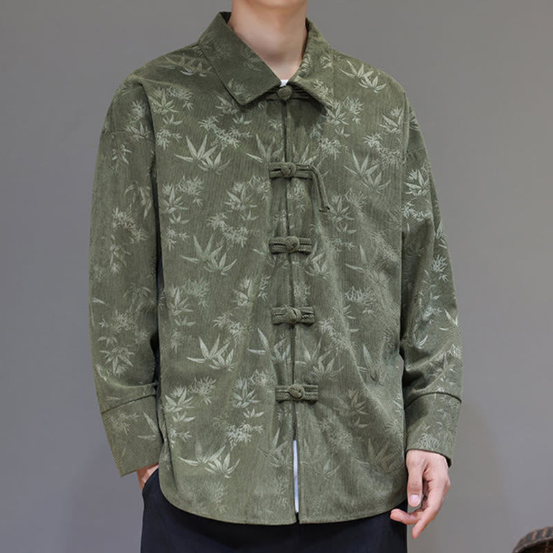 Buddha Stones Jacquard Leaves Pattern Frog-Button Long Sleeve Men's Cotton Tang Suit Jacket