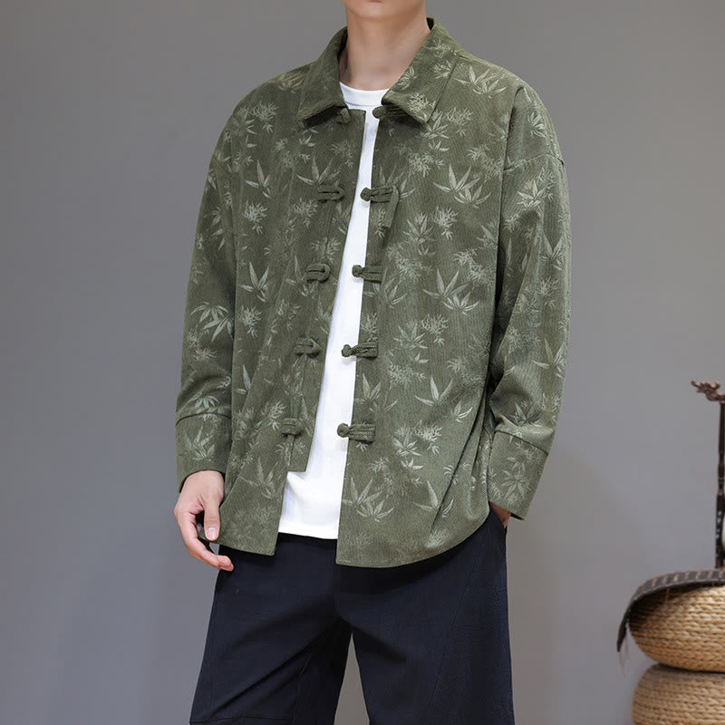 Buddha Stones Jacquard Leaves Pattern Frog-Button Long Sleeve Men's Cotton Tang Suit Jacket