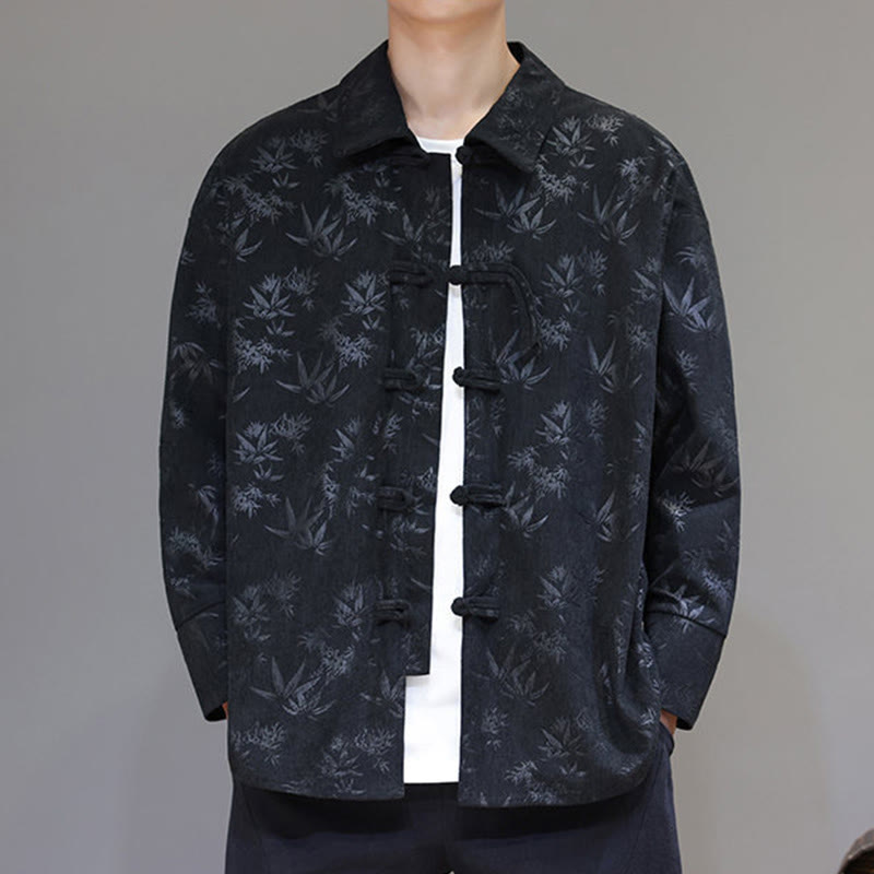 Buddha Stones Jacquard Leaves Pattern Frog-Button Long Sleeve Men's Cotton Tang Suit Jacket