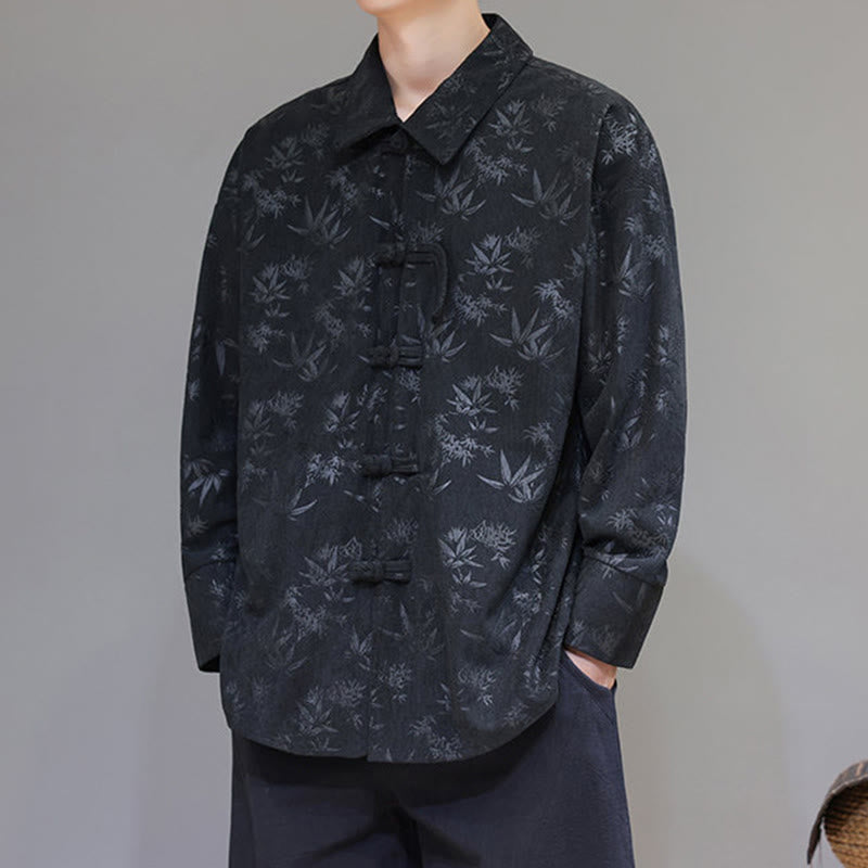 Buddha Stones Jacquard Leaves Pattern Frog-Button Long Sleeve Men's Cotton Tang Suit Jacket