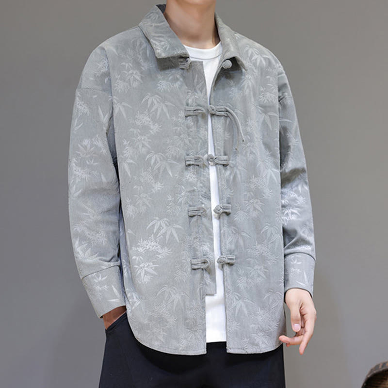 Buddha Stones Jacquard Leaves Pattern Frog-Button Long Sleeve Men's Cotton Tang Suit Jacket