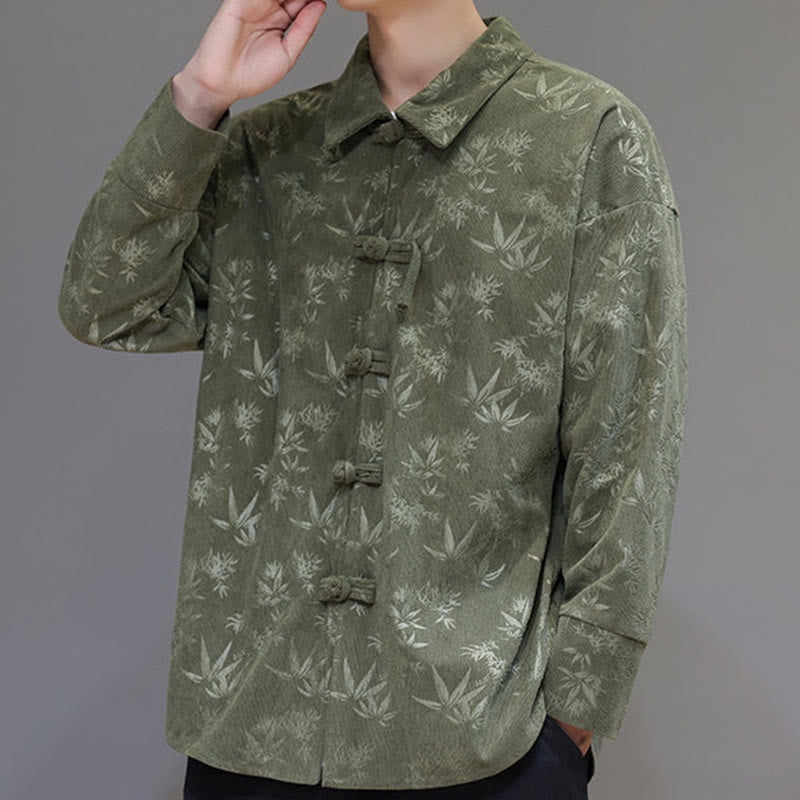 Buddha Stones Jacquard Leaves Pattern Frog-Button Long Sleeve Men's Cotton Tang Suit Jacket