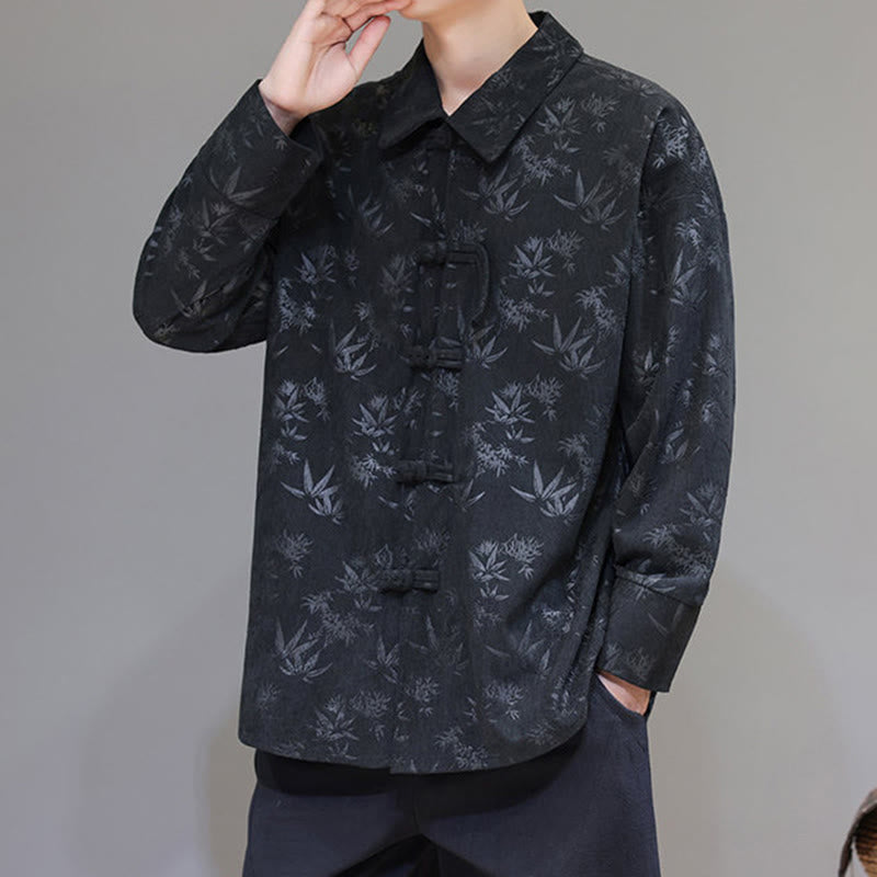Buddha Stones Jacquard Leaves Pattern Frog-Button Long Sleeve Men's Cotton Tang Suit Jacket