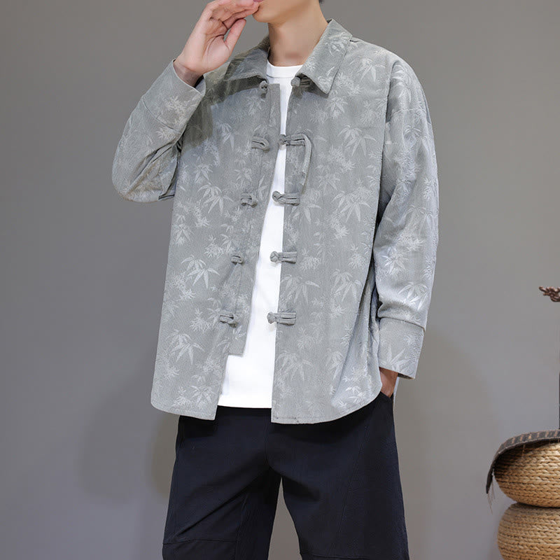 Buddha Stones Jacquard Leaves Pattern Frog-Button Long Sleeve Men's Cotton Tang Suit Jacket