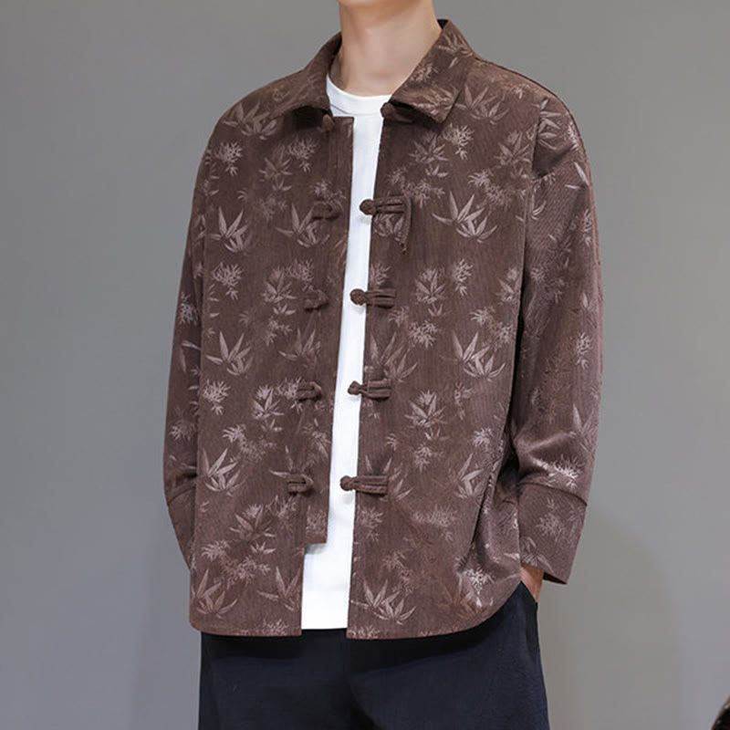 Buddha Stones Jacquard Leaves Pattern Frog-Button Long Sleeve Men's Cotton Tang Suit Jacket