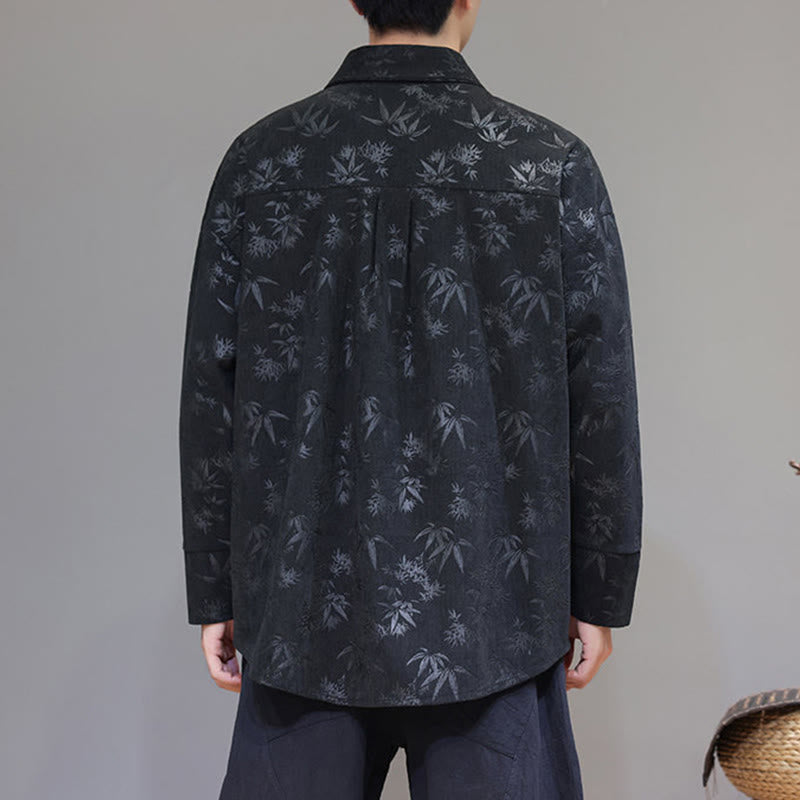 Buddha Stones Jacquard Leaves Pattern Frog-Button Long Sleeve Men's Cotton Tang Suit Jacket