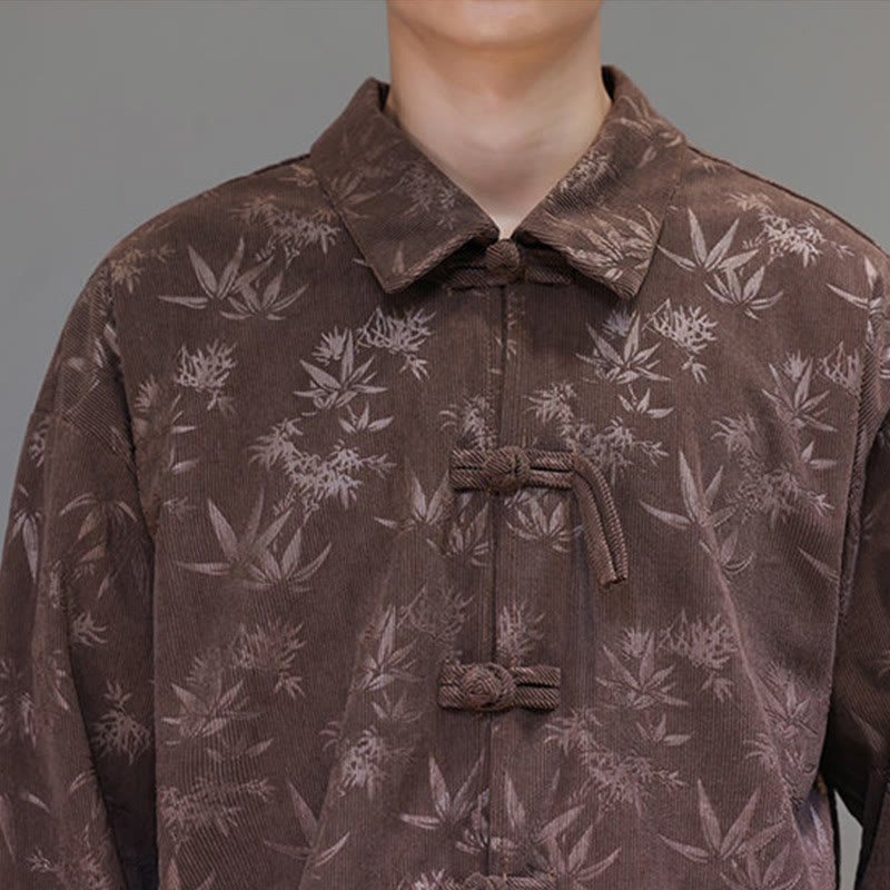Buddha Stones Jacquard Leaves Pattern Frog-Button Long Sleeve Men's Cotton Tang Suit Jacket