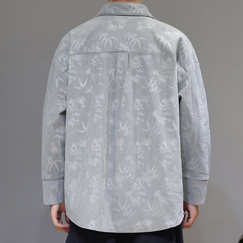 Buddha Stones Jacquard Leaves Pattern Frog-Button Long Sleeve Men's Cotton Tang Suit Jacket