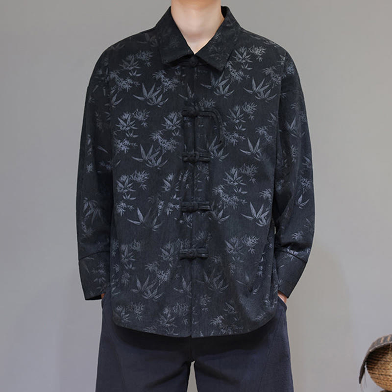 Buddha Stones Jacquard Leaves Pattern Frog-Button Long Sleeve Men's Cotton Tang Suit Jacket