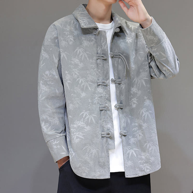 Buddha Stones Jacquard Leaves Pattern Frog-Button Long Sleeve Men's Cotton Tang Suit Jacket