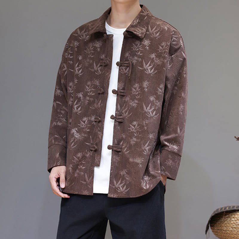 Buddha Stones Jacquard Leaves Pattern Frog-Button Long Sleeve Men's Cotton Tang Suit Jacket