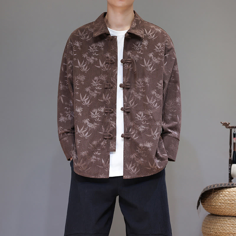 Buddha Stones Jacquard Leaves Pattern Frog-Button Long Sleeve Men's Cotton Tang Suit Jacket