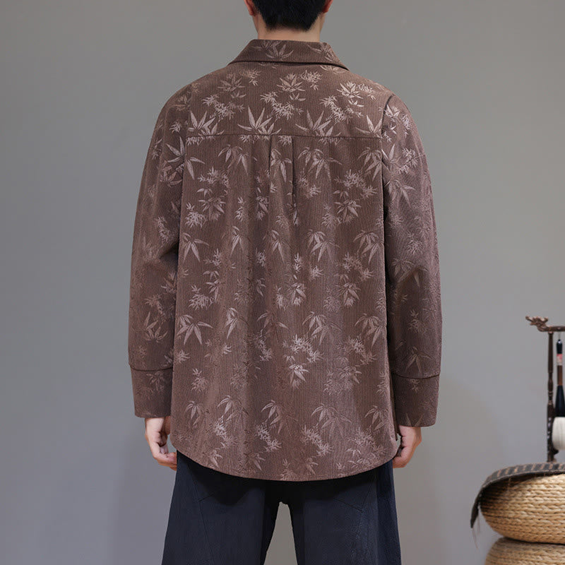 Buddha Stones Jacquard Leaves Pattern Frog-Button Long Sleeve Men's Cotton Tang Suit Jacket