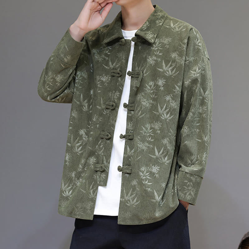 Buddha Stones Jacquard Leaves Pattern Frog-Button Long Sleeve Men's Cotton Tang Suit Jacket