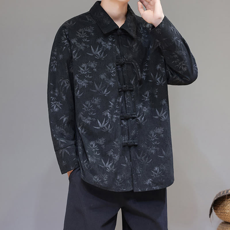 Buddha Stones Jacquard Leaves Pattern Frog-Button Long Sleeve Men's Cotton Tang Suit Jacket