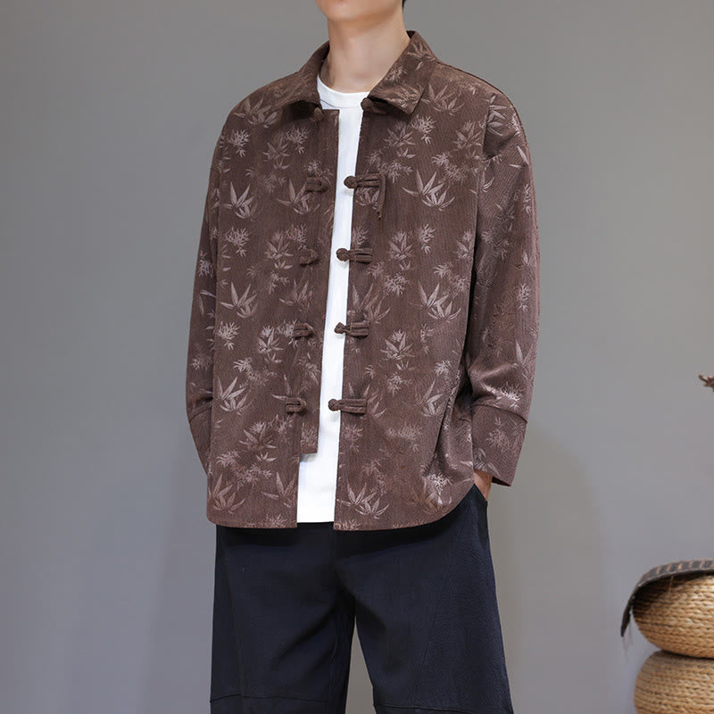 Buddha Stones Jacquard Leaves Pattern Frog-Button Long Sleeve Men's Cotton Tang Suit Jacket