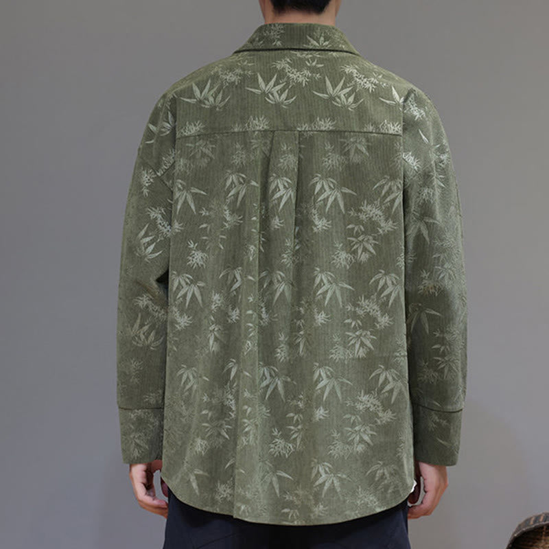 Buddha Stones Jacquard Leaves Pattern Frog-Button Long Sleeve Men's Cotton Tang Suit Jacket