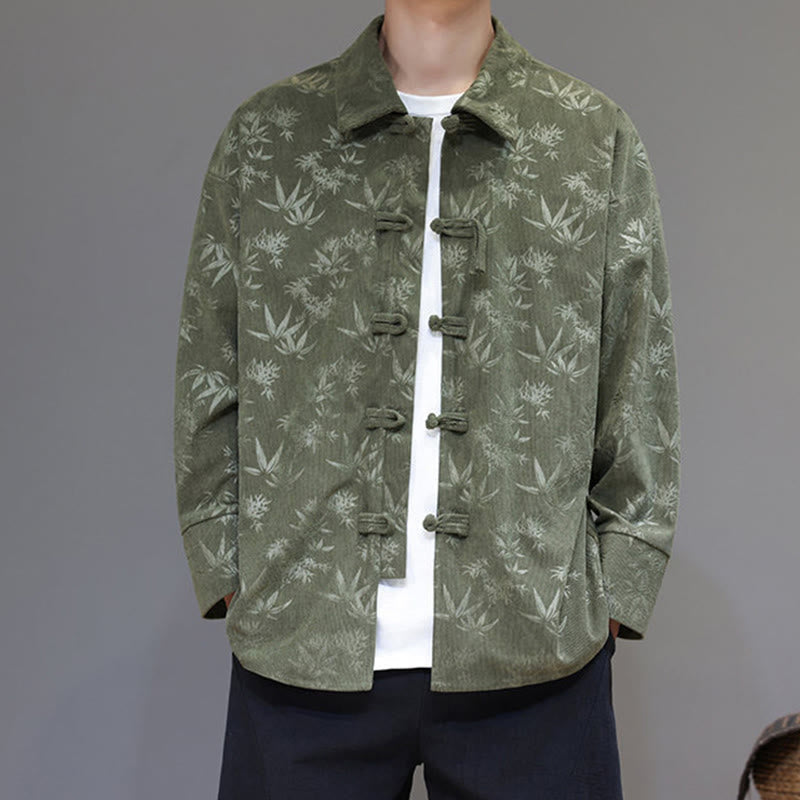 Buddha Stones Jacquard Leaves Pattern Frog-Button Long Sleeve Men's Cotton Tang Suit Jacket