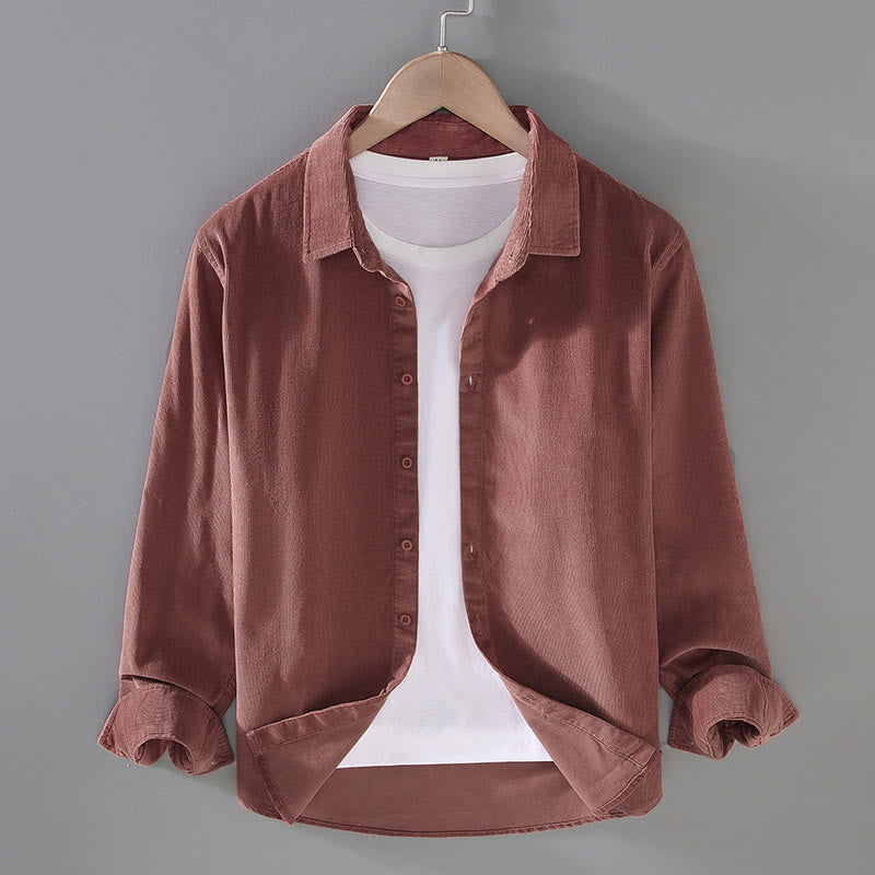 Buddha Stones Men's Solid Color Buttons Design Long Sleeve Pure Cotton Corduroy Shirt
