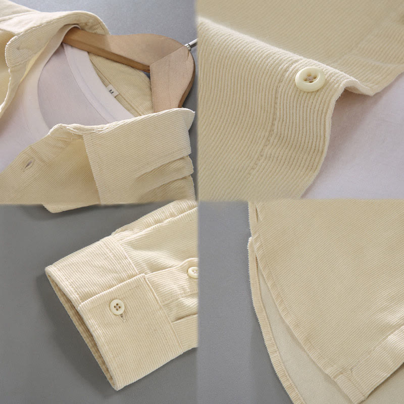 Buddha Stones Men's Solid Color Buttons Design Long Sleeve Pure Cotton Corduroy Shirt