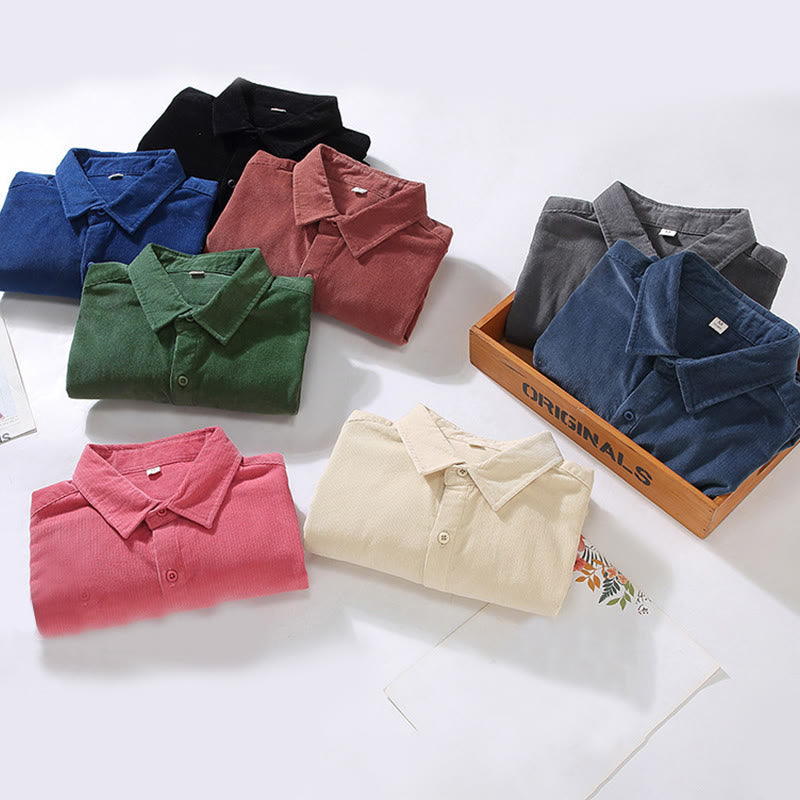 Buddha Stones Men's Solid Color Buttons Design Long Sleeve Pure Cotton Corduroy Shirt