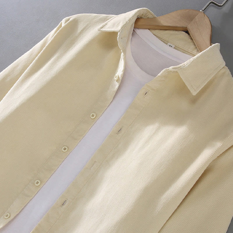Buddha Stones Men's Solid Color Buttons Design Long Sleeve Pure Cotton Corduroy Shirt