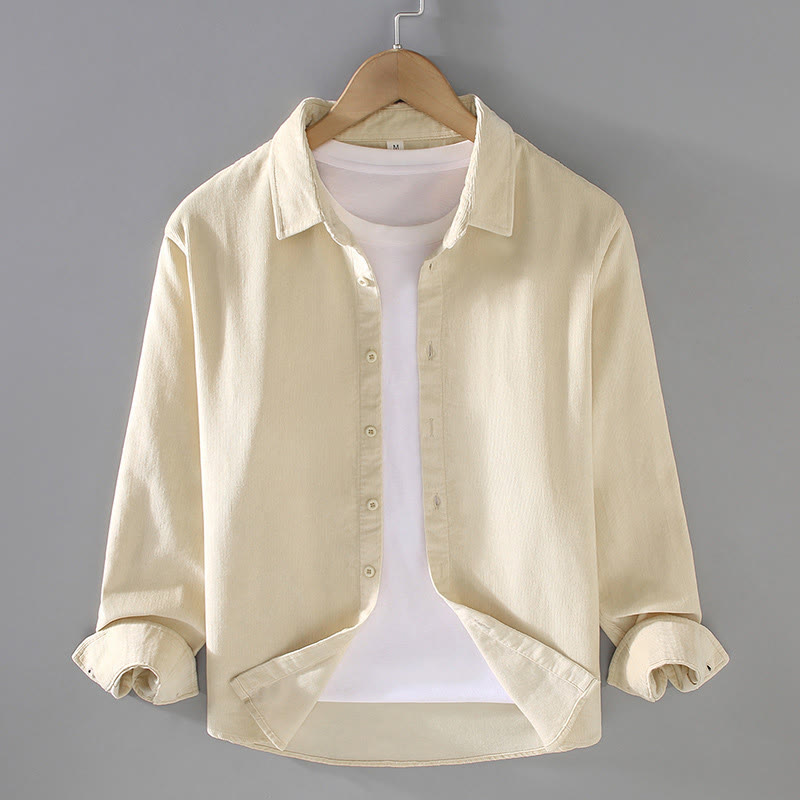 Buddha Stones Men's Solid Color Buttons Design Long Sleeve Pure Cotton Corduroy Shirt
