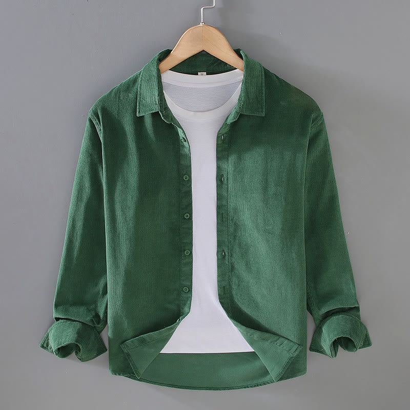 Buddha Stones Men's Solid Color Buttons Design Long Sleeve Pure Cotton Corduroy Shirt