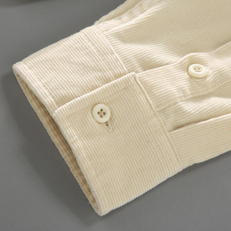 Buddha Stones Men's Solid Color Buttons Design Long Sleeve Pure Cotton Corduroy Shirt