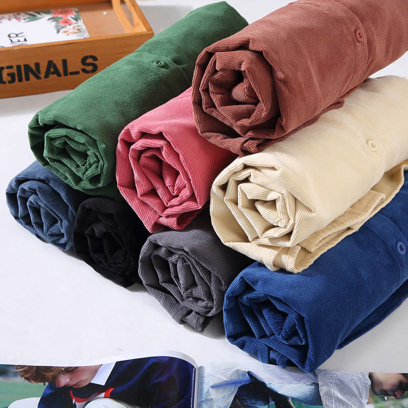Buddha Stones Men's Solid Color Buttons Design Long Sleeve Pure Cotton Corduroy Shirt