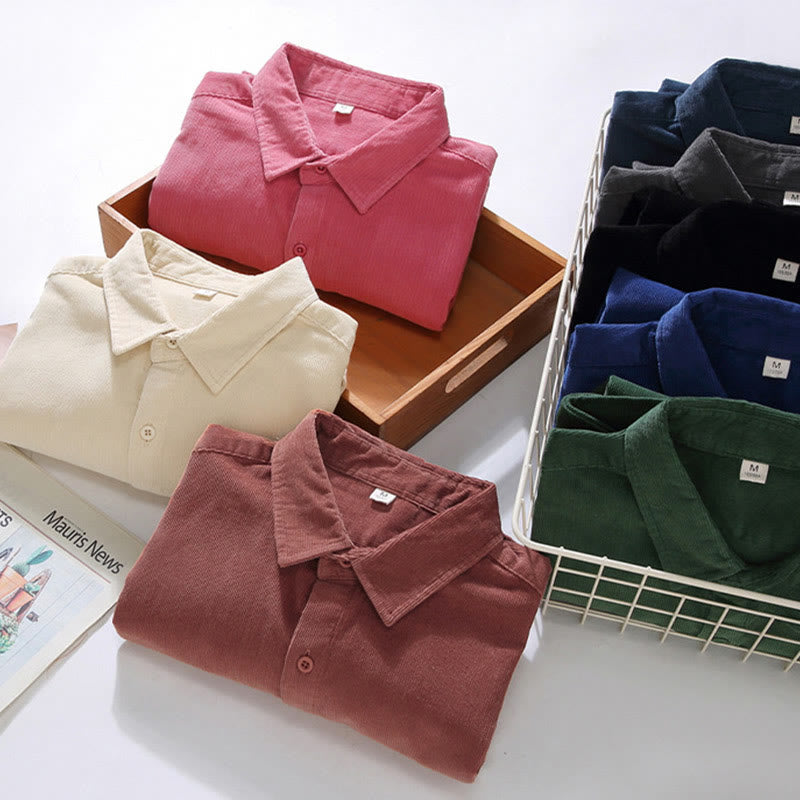 Buddha Stones Men's Solid Color Buttons Design Long Sleeve Pure Cotton Corduroy Shirt