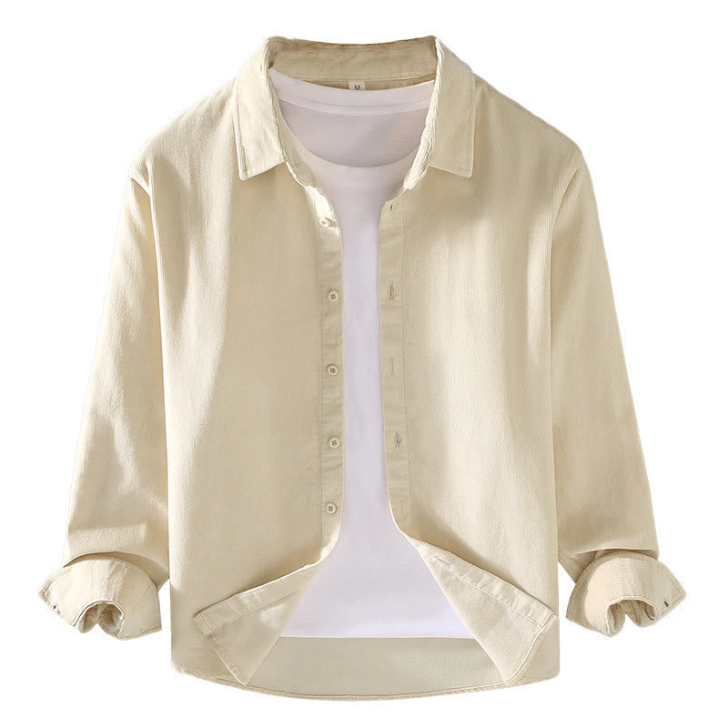 Buddha Stones Men's Solid Color Buttons Design Long Sleeve Pure Cotton Corduroy Shirt