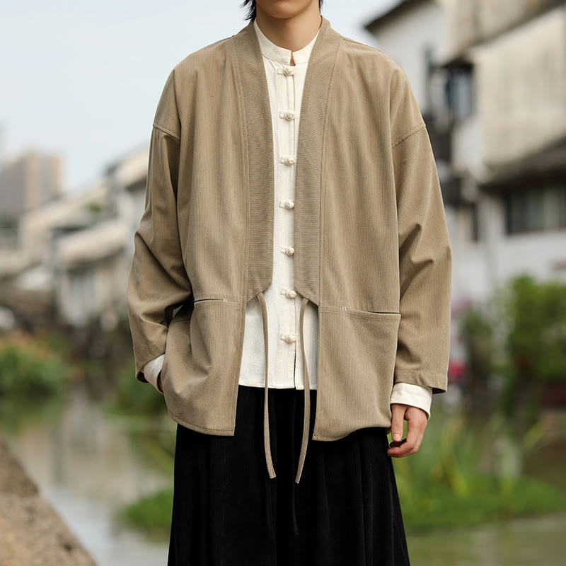 Buddha Stones Solid Color Open Front Long Sleeve Jacket Men's Cotton Corduroy Kimono With Pockets