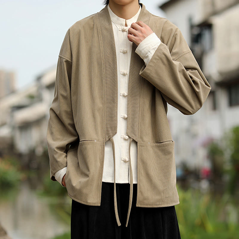 Buddha Stones Solid Color Open Front Long Sleeve Jacket Men's Cotton Corduroy Kimono With Pockets