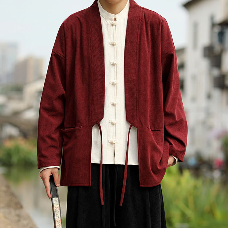 Buddha Stones Solid Color Open Front Long Sleeve Jacket Men's Cotton Corduroy Kimono With Pockets